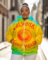 Women's Plus Vintage Tie Dye Always Good Vibes Print Long-sleeved Zipper Hoodie